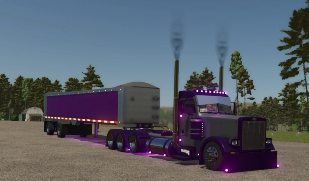 Lizard frameless end dump truck mod in Farming Simulator 25, featuring a purple design with smoke stacks and countryside background.