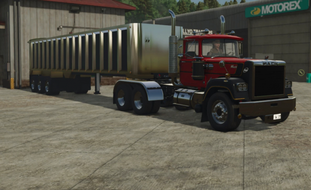 Lizard frameless end dump truck mod for FS25 in a garage setting. Enhance your Farming Simulator 25 experience with this realistic vehicle mod.