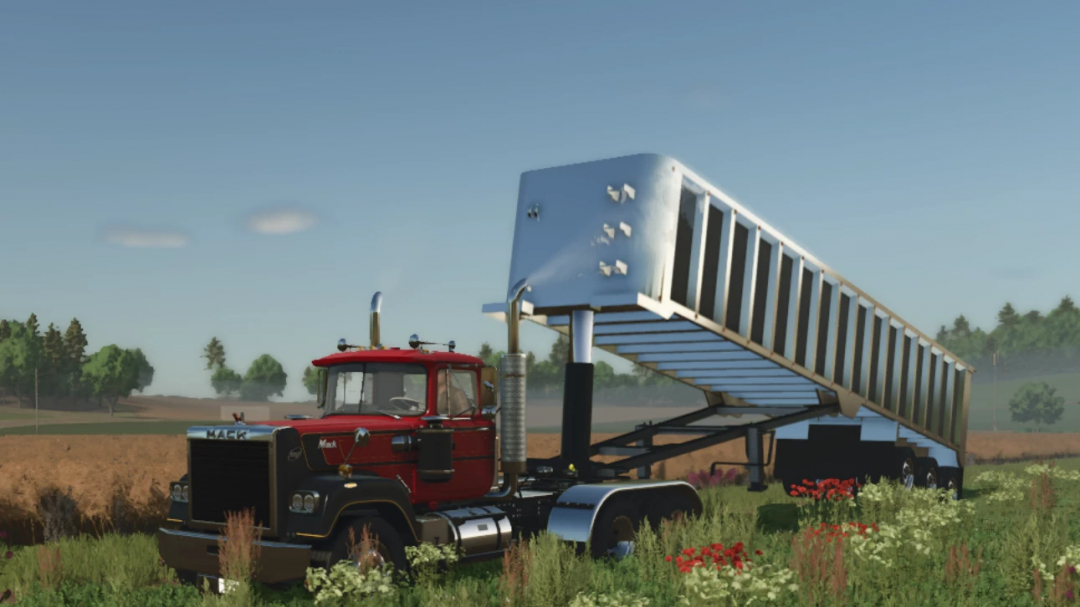 Lizard frameless end dump V2 mod for FS25, featuring a red truck and elevated silver trailer in a field.