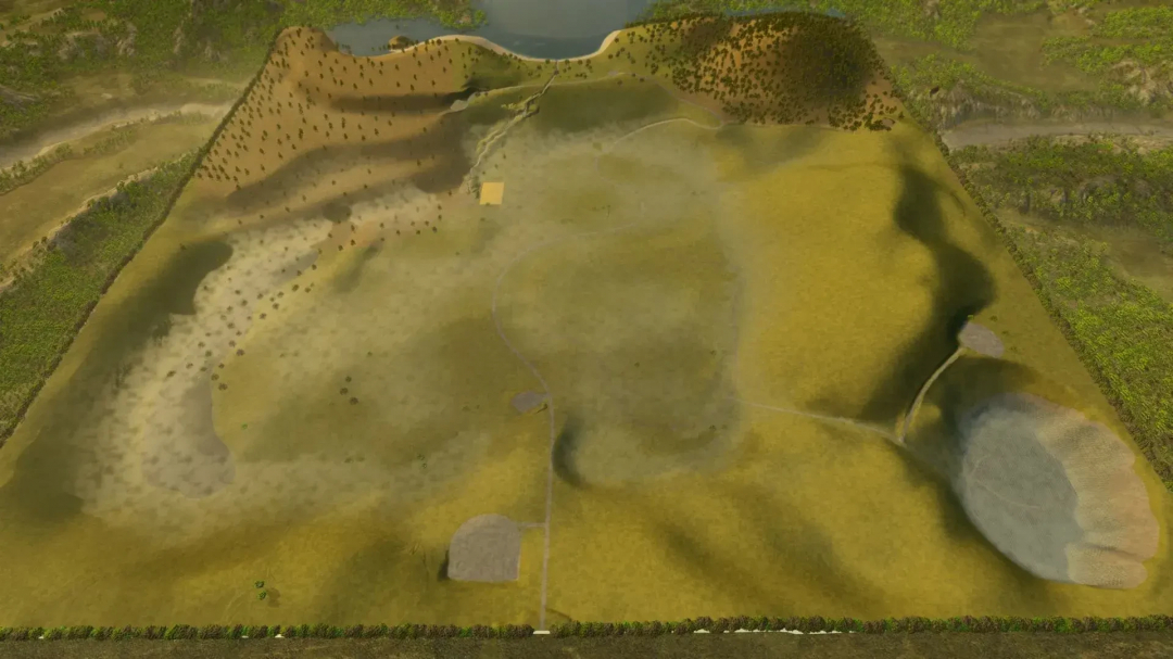 Aerial view of LoneHills Map v1.0.10 in Farming Simulator 25, showcasing diverse terrain with hills, grasslands, and a small lake.