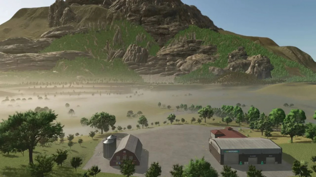 FS25 Lone Hills v1.0.9.0 mod landscape showing a farm and motorbike shop with towering mountains in the background.