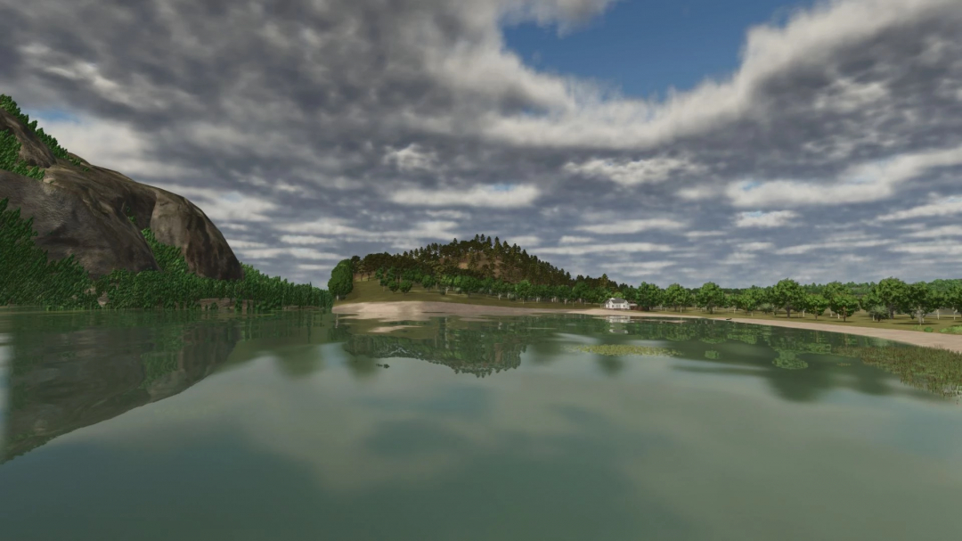 Lone Hills FS25 mod showcasing a serene lake with lush forests and a cloudy sky.