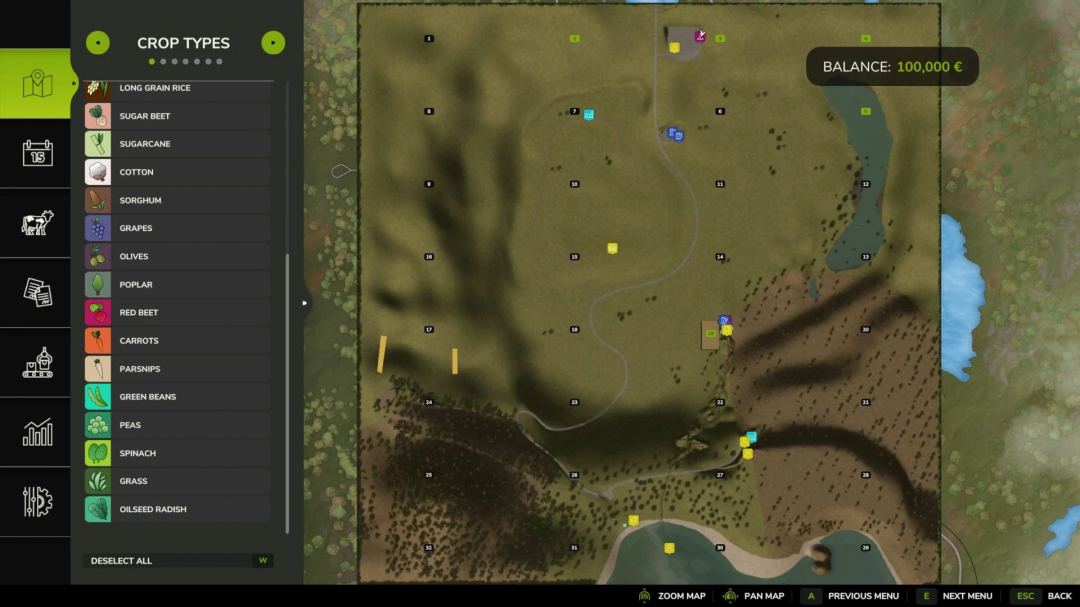 Map of Lone Hills v1.0.9.0 in FS25 showing crop types and terrain layout.