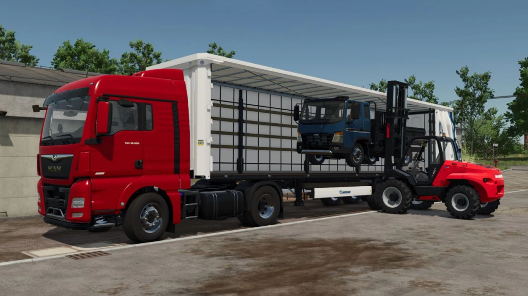 MAN TGX 18500 4x2 truck mod in Farming Simulator 25 with trailer and forklift.