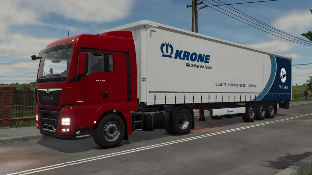 FS25 mod: Red MAN TGX 18500 4x2 truck with Krone trailer on road.