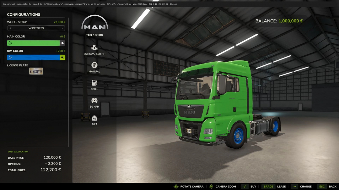 Green MAN TGX 18500 mod configuration in FS25 with customization options for wheel setup and color.