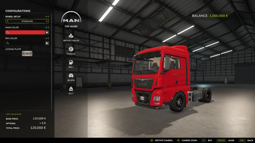 FS25 mods: MAN TGX 18500 v1.0.0.1 in red with configuration options in a virtual garage.