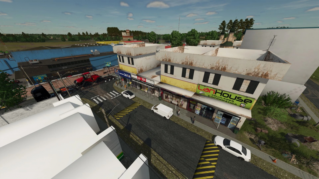 FS25 MATO GROSSO mod v1.0.0.0 shows a detailed street view with shops and a tractor in Farming Simulator 25.