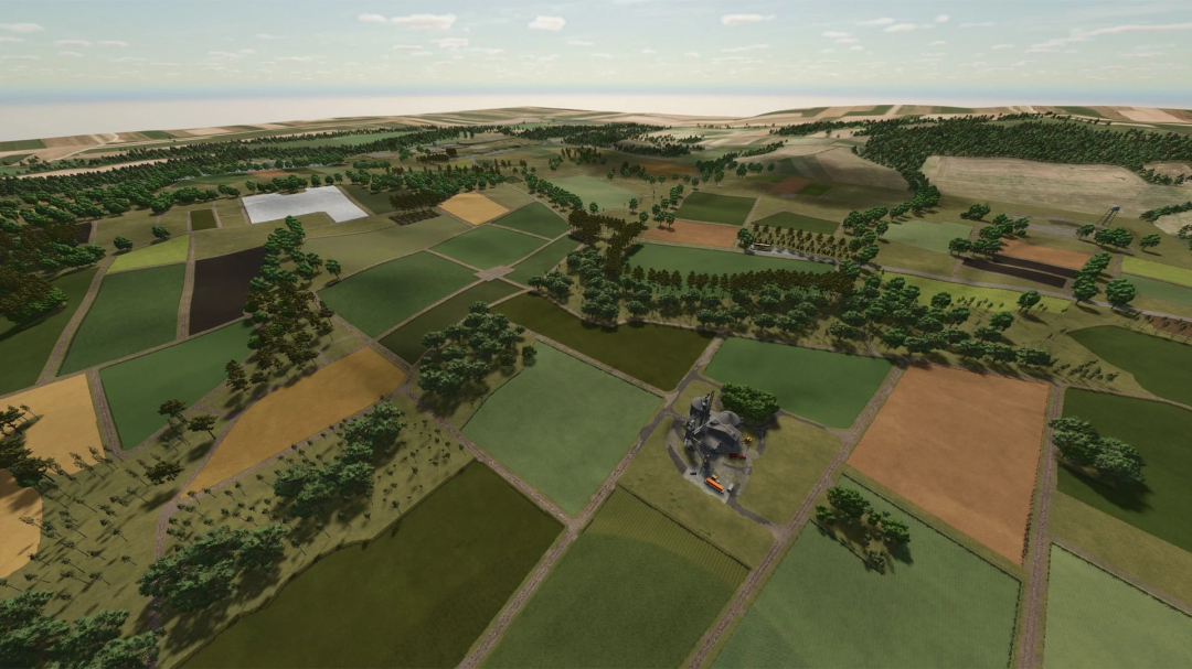 Aerial view of farming fields in FS25 MATO GROSSO mod, showcasing diverse crop plots and natural landscapes.