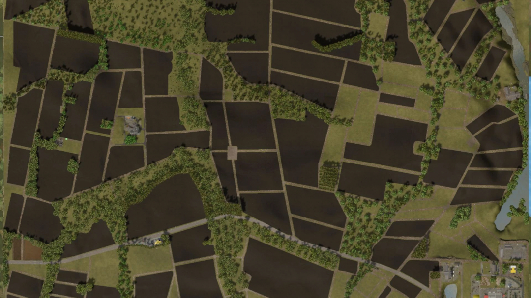 Aerial view of FS25 MATO GROSSO mod map showing diverse fields and roads.