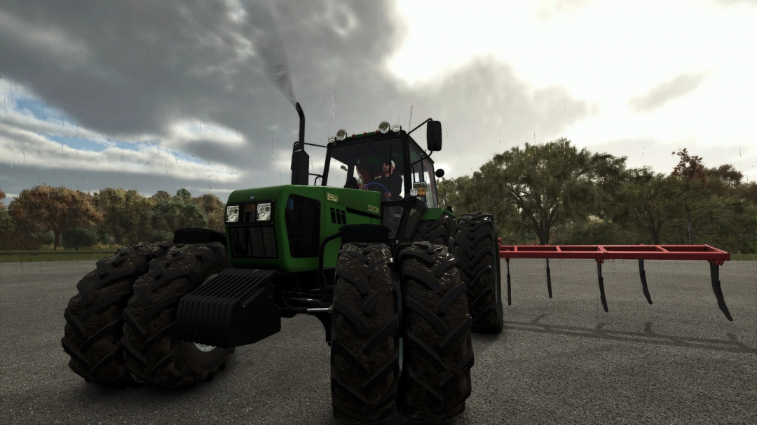 MTZ-1221 tractor mod in FS25, with double tires and a red attachment on a cloudy day.