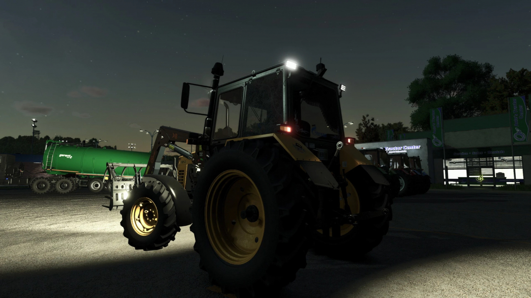 MTZ-1221 tractor mod in FS25 at night near a service center.