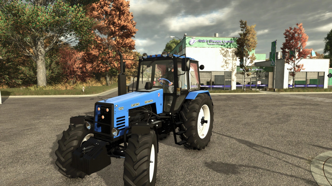 FS25 mod MTZ-1221 v1.0.0.1 tractor parked in front of a store, showcasing its blue design and agricultural capabilities.