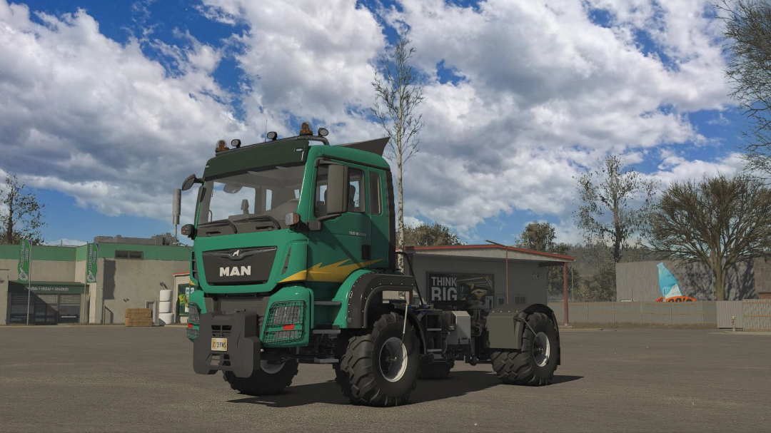 MAN TGS AGri v1.1.0.0 mod in Farming Simulator 25, showcasing a green truck in a farm setting under a cloudy sky.