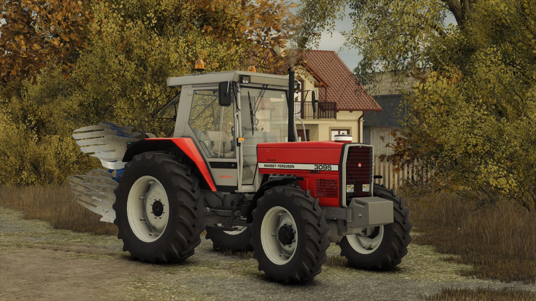 Massey Ferguson 3095 tractor mod in FS25 game, set in a rural autumn scene.