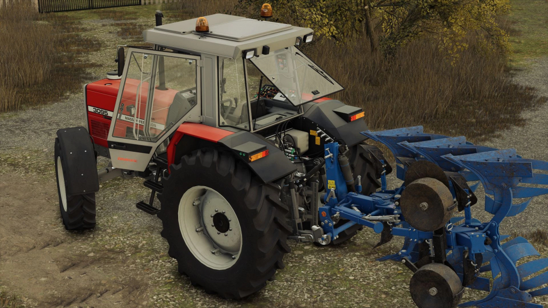 Massey Ferguson 3000 Series tractor mod in FS25 with blue plow attachment.