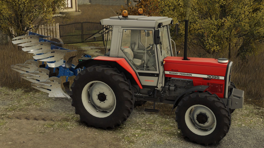 FS25 mod showing Massey Ferguson 3000 Series tractor with plow attachment, version 1.0.0.0.