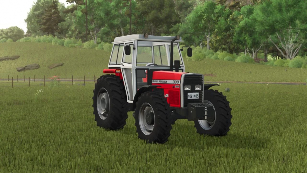 Massey Ferguson 398 mod for FS25, displayed in a grassy field.