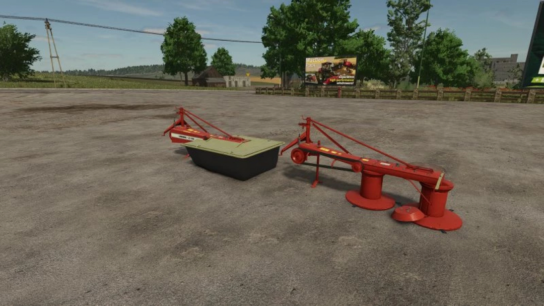 Mesko Z-133 mod in Farming Simulator 25, featuring red and green equipment on a farmyard.