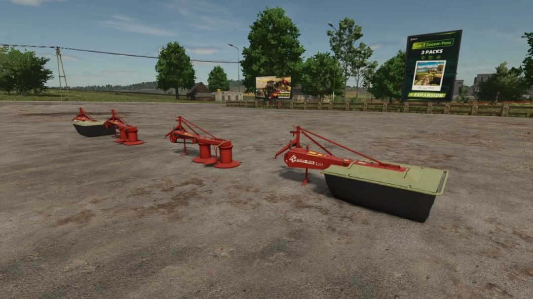 Image of Mesko Z-133 mod in Farming Simulator 25. Three red agricultural machines on a farm. FS25 mods displayed.