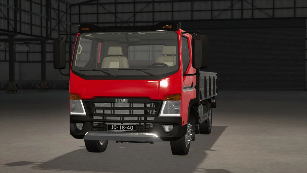 FS25 mod Netherlands License Plates v1.0.0.1 showing a red truck with Dutch plates in a garage.