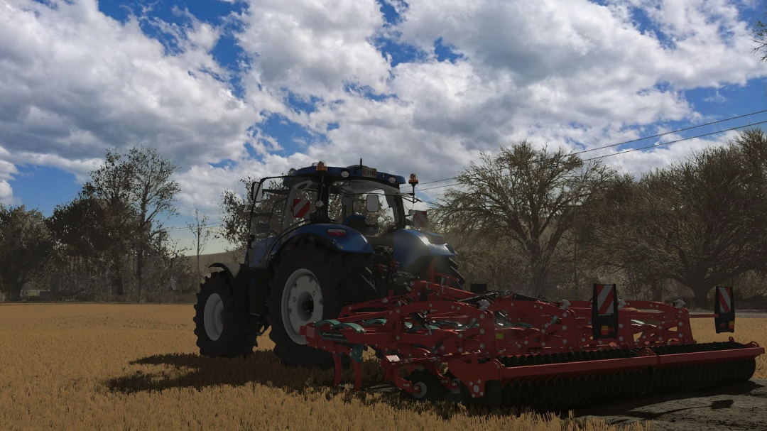 New Holland T7 Series tractor in Farming Simulator 25 mod. Tractor working in a field under a cloudy sky.