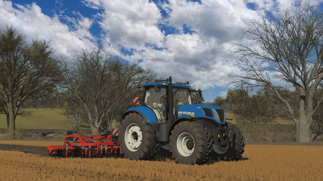 New Holland T7 Series tractor mod for Farming Simulator 25 cultivating a field under a blue sky.