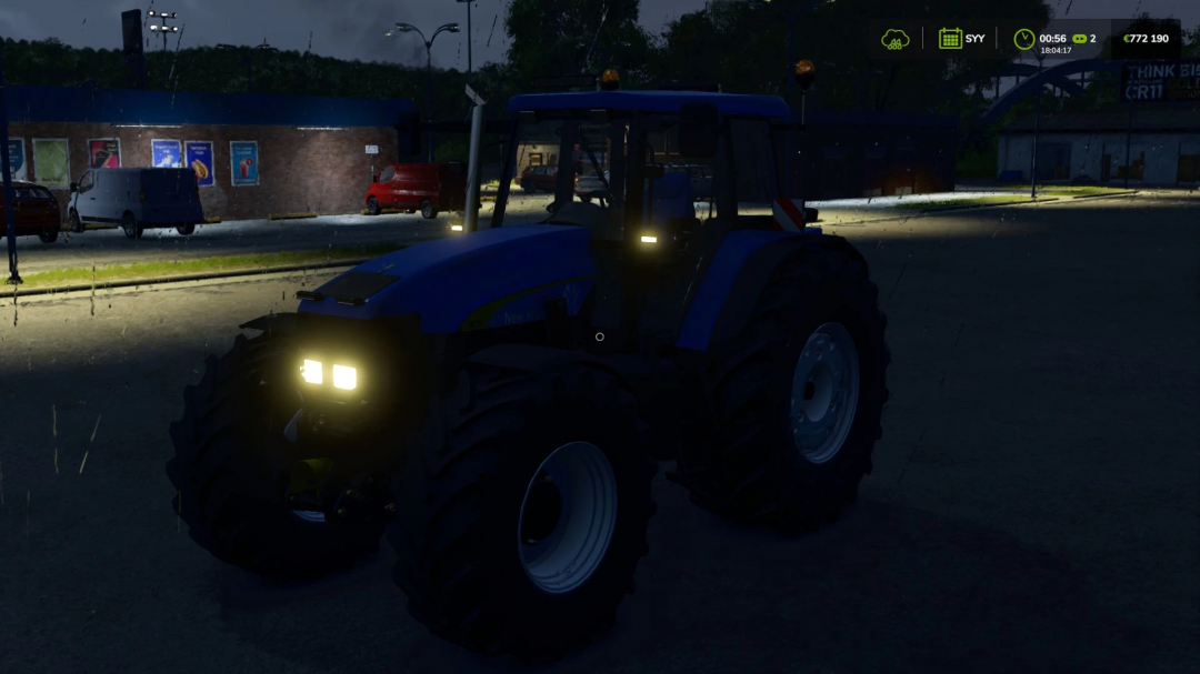 Night scene of New Holland TM Pack v1.1.0.0 tractor mod in FS25, showcasing realistic lighting effects.