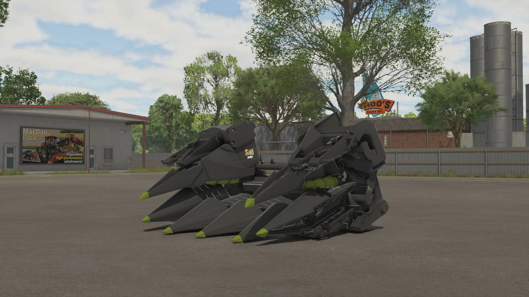 FS25 mod image showcasing the Olimac Drago GT6 v1.0.0.0 harvester attachment, set in a farming simulator environment.