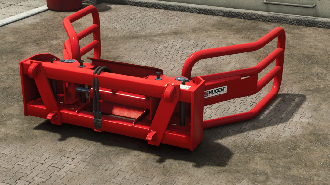 FS25 mod Orkel BK150 v1.0.0.0 features a red Nugent bale grabber on a paved surface.