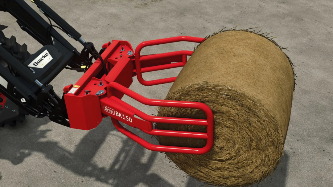 FS25 mod Orkel BK150 v1.0.0.0 showing a hay bale grabber in action.