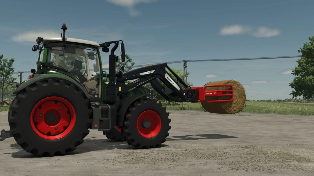 FS25 mod Orkel BK150 v1.0.0.0 in action with a front loader moving hay bale.