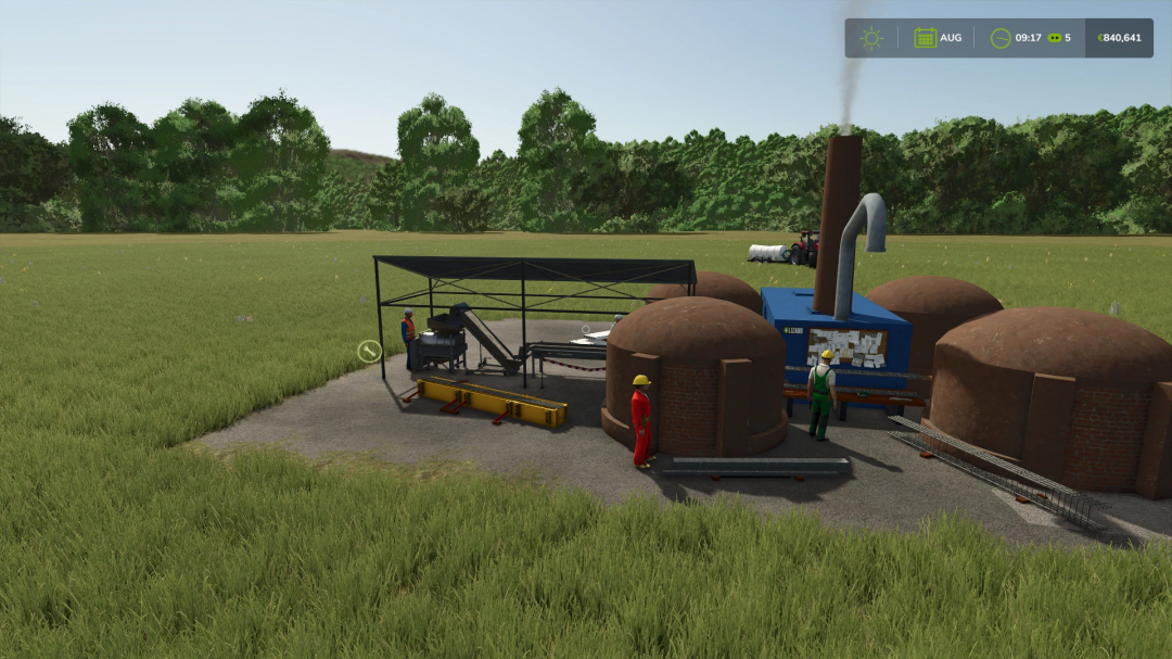 FS25 Precast Production mod with machinery and workers in a grassy field.