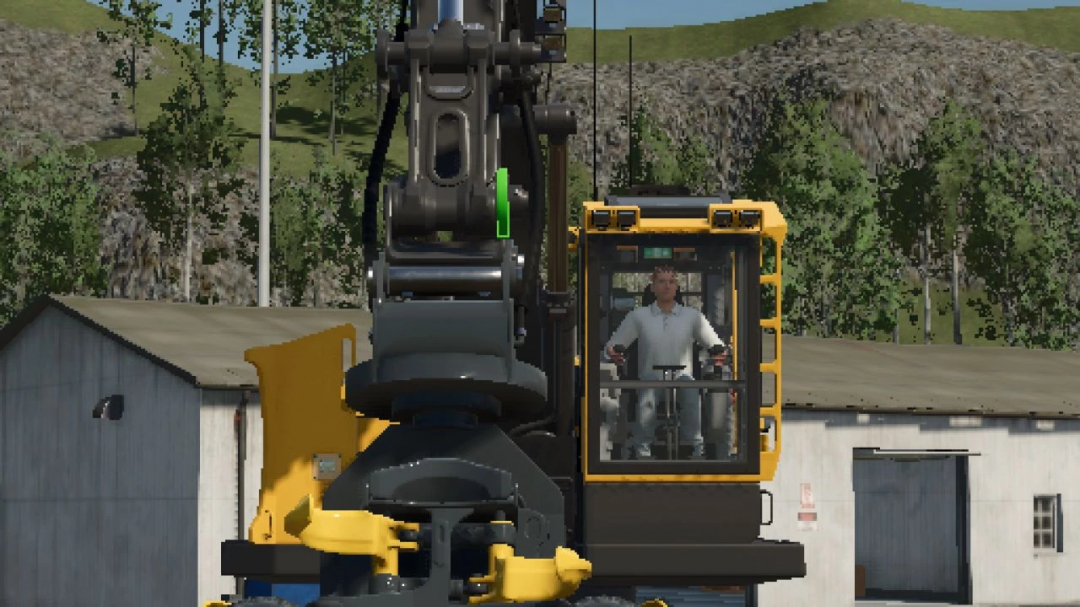 FS25 mods: Ponsse harvester head v1.0.0.0 in action with operator inside, showcasing detailed machinery.