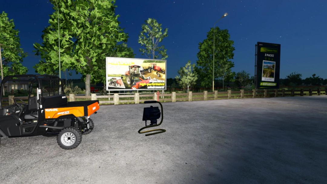 FS25 mod Portable Work Lamp illuminated at night next to utility vehicle, enhancing visibility. Farming Simulator 25 mods.