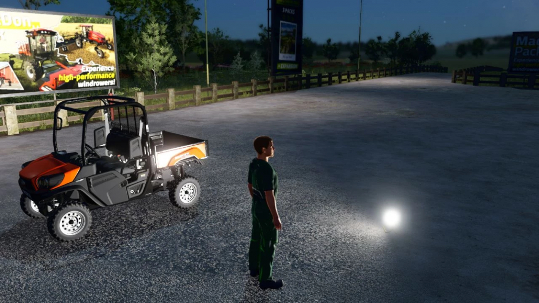 FS25 mod showing a player next to a portable work lamp and a utility vehicle at night.