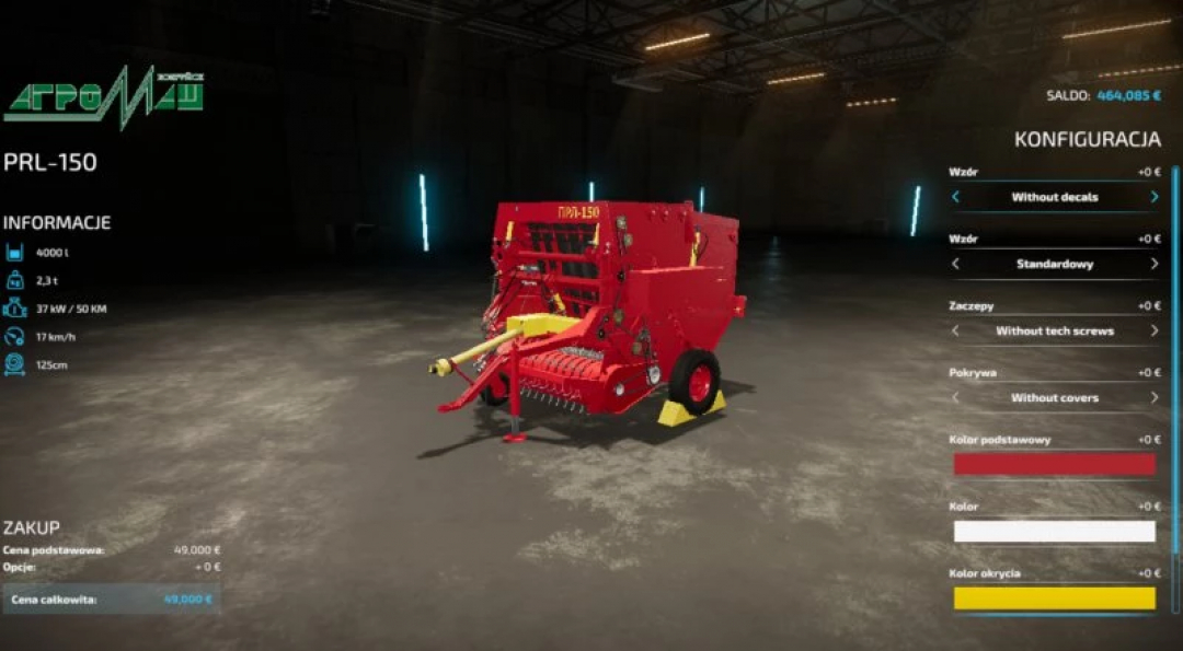 FS25 mod Prl150 v1.0.0.0 showcased in a warehouse setting with configuration options displayed.