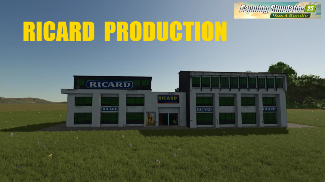 RICARD PRODUCTION building mod for FS25 in a grassy landscape.