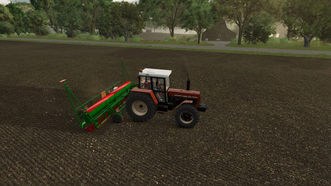 FS25 mod ROSS 40-SEXDJ-150 v1.0.0.1 showing tractor with seeder on a plowed field.