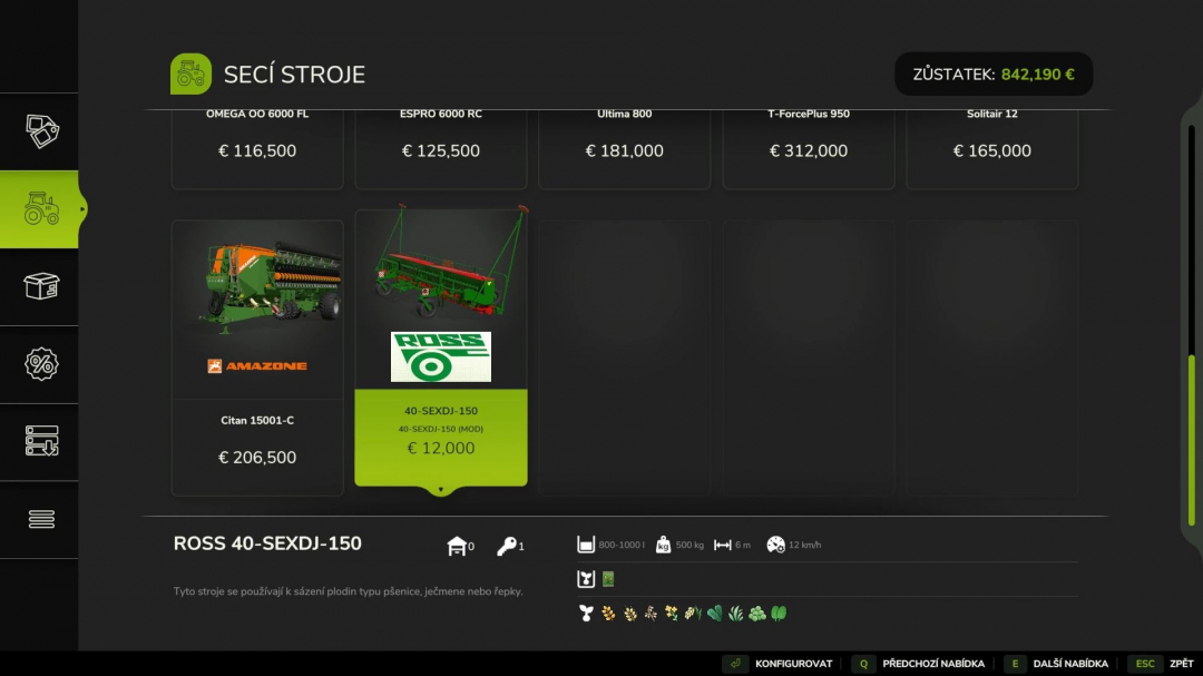 FS25 mod shop menu displaying ROSS 40-SEXDJ-150 priced at €12,000. The mod is used for planting wheat, barley, or canola.