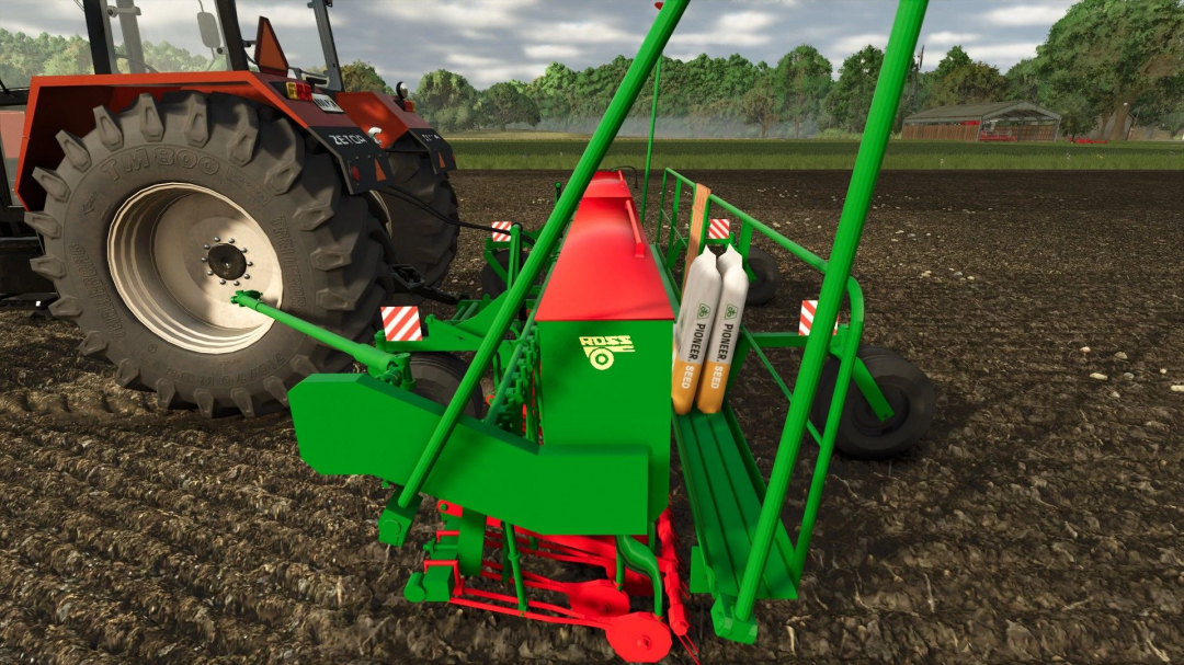 FS25 mod ROSS 40-SEXDJ-150 v1.0.0.1 with green and red seeder attached to tractor on a field.