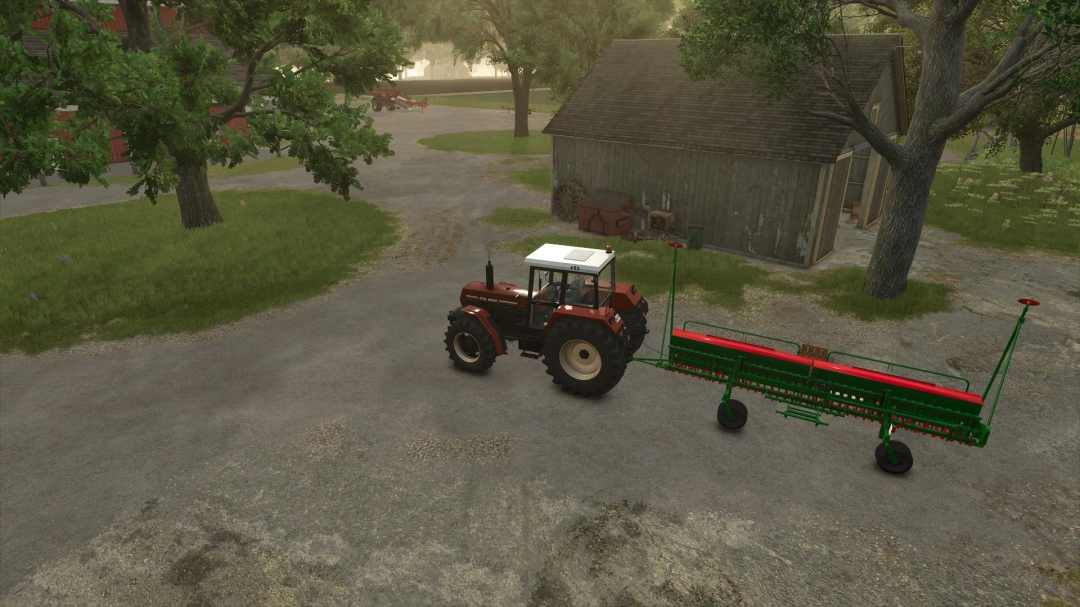 FS25 mod ROSS 40-SEXDJ-150 v1.0.0.1 featuring a classic tractor pulling a seeder next to a barn and trees.