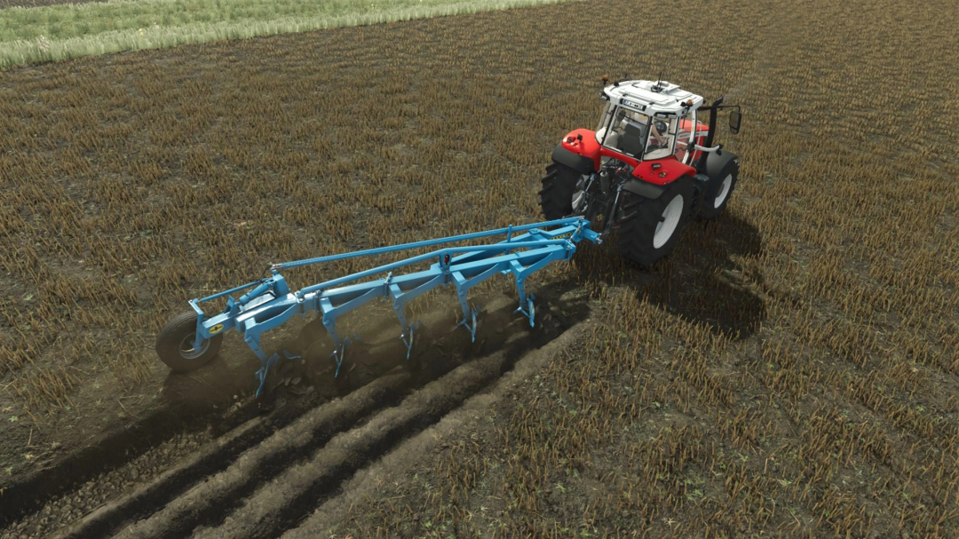 Rabe Condor C85-40 plow mod in FS25, showing a tractor plowing a field.