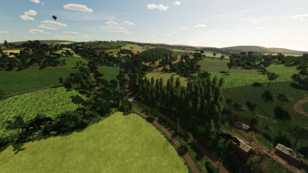 Panoramic view of Rancho Fundo mod for FS25, showcasing lush green fields and forests under a clear sky.