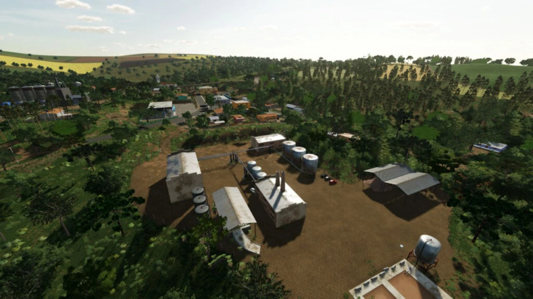 Aerial view of Rancho Fundo in Farming Simulator 25, showcasing lush landscapes and farm buildings, highlighting FS25 mods.