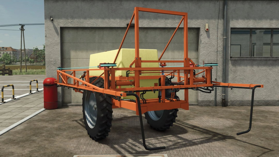 SIBSELMASH OP-2000 mod for FS25, an orange agricultural sprayer parked in a farm building.