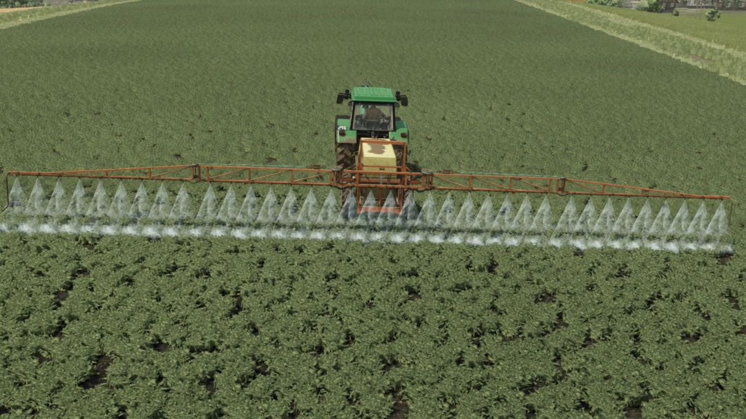 FS25 mod SIBSELMASH OP-2000 spraying crops in a field.