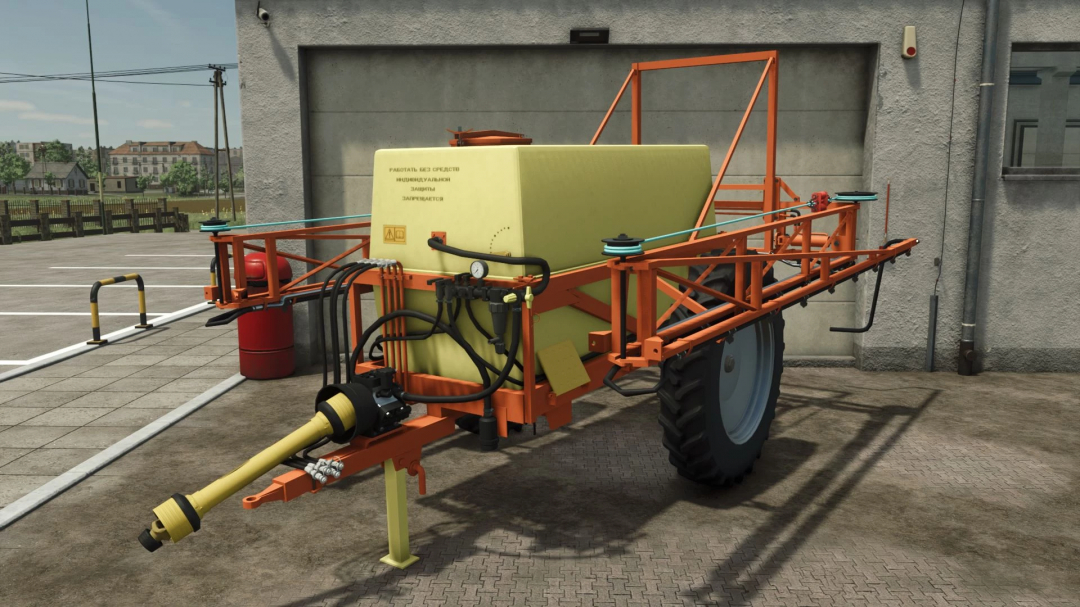 FS25 mod SIBSELMASH OP-2000 sprayer parked against a building, showcasing its yellow tank and orange frame.