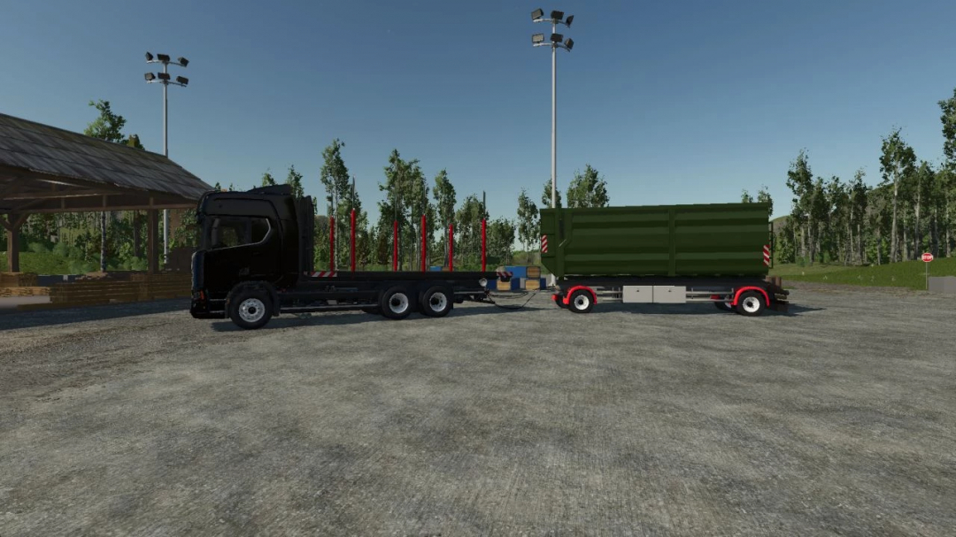 Scania R ITR Pack v1.0.0.0 in FS25 with black truck and green trailer in a countryside farm setting.