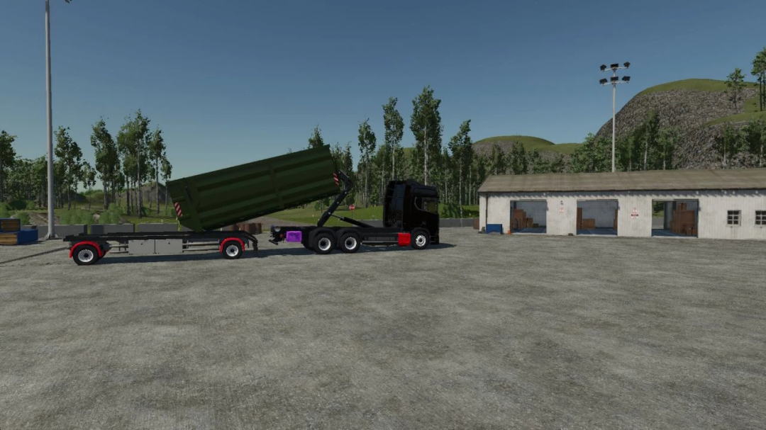 Scania R ITR Pack v1.0.0.0 mod for FS25 featuring a truck with an attached trailer lifting a green container in a farmyard setting.